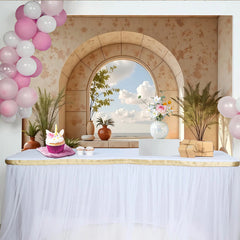 Lofaris Boho Rustic Arch Window Photography Backdrop with Potted Plants, Elegant Studio Background for Portrait Photoshoot
