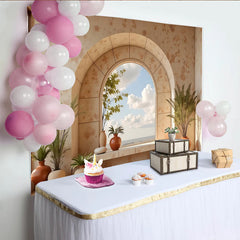 Lofaris Boho Rustic Arch Window Photography Backdrop with Potted Plants, Elegant Studio Background for Portrait Photoshoot
