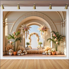Lofaris Elegant Pampas Grass Wedding Arch Backdrop with Pink Roses, Romantic Floral Background for Bridal Shower and Event Photos