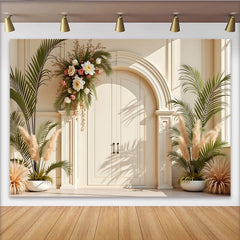 Lofaris Elegant Arch Door Floral Photography Backdrop, White Flowers and Palm Leaves Studio Background for Portraits