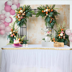 Lofaris Elegant Floral Arch Photography Backdrop with Tropical Leaves and White Orange Flowers, Beautiful Event Background for Wedding Party