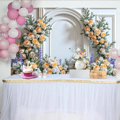 Lofaris Elegant White Arch Floral Photography Backdrop with Peach Roses, Romantic Background for Engagement Party Photoshoot