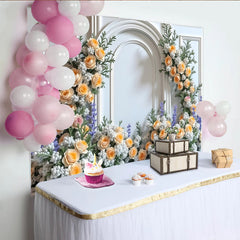 Lofaris Elegant White Arch Floral Photography Backdrop with Peach Roses, Romantic Background for Engagement Party Photoshoot