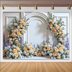 Lofaris Elegant White Arch Floral Photography Backdrop with Peach Roses, Romantic Background for Engagement Party Photoshoot