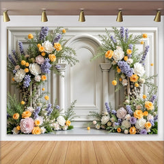 Lofaris Elegant Floral Photography Backdrop with White Arch and Columns, Pastel Flowers for Studio Photoshoot and Event Decor