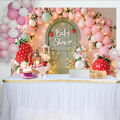Lofaris Pink Strawberry Baby Shower Backdrop with Balloons and Arch Door, Whimsical Garden Party Background for Photoshoot and Decor