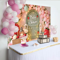 Lofaris Pink Strawberry Baby Shower Backdrop with Balloons and Arch Door, Whimsical Garden Party Background for Photoshoot and Decor