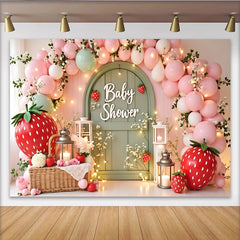Lofaris Pink Strawberry Baby Shower Backdrop with Balloons and Arch Door, Whimsical Garden Party Background for Photoshoot and Decor