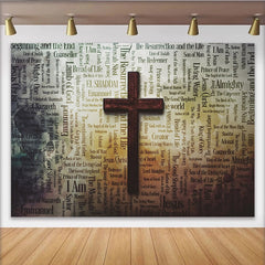 Lofaris Vintage Christian Cross Photography Backdrop with Religious Word Cloud, Spiritual Studio Background for Church Events and Portraits