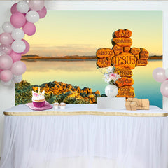 Lofaris Stone Cross with Jesus Names Religious Photography Backdrop, Serene Lake Sunset Background for Spiritual Event