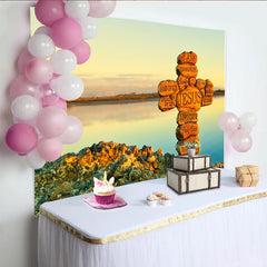 Lofaris Stone Cross with Jesus Names Religious Photography Backdrop, Serene Lake Sunset Background for Spiritual Event