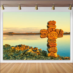 Lofaris Stone Cross with Jesus Names Religious Photography Backdrop, Serene Lake Sunset Background for Spiritual Event