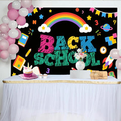 Lofaris Colorful Back To School Backdrop with Rainbow, School Bus and Books, Fun Classroom Decoration Background for Kids Photography