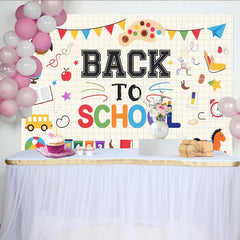 Lofaris Colorful Back To School Backdrop with Owl, Globe, and School Bus, Vibrant Cartoon Learning Theme Background for Classroom Decor