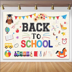Lofaris Colorful Back To School Backdrop with Owl, Globe, and School Bus, Vibrant Cartoon Learning Theme Background for Classroom Decor