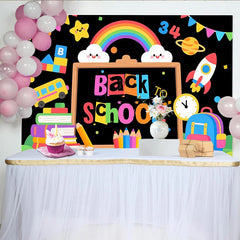 Lofaris Colorful Back To School Backdrop with Chalkboard, School Bus and Rainbow, Fun Photography Background for Kids and Classroom Decor