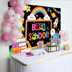 Lofaris Colorful Back To School Backdrop with Chalkboard, School Bus and Rainbow, Fun Photography Background for Kids and Classroom Decor