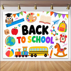 Lofaris Vibrant Back to School Backdrop with School Bus and Owl, Educational Theme Background for Classroom Decor and Kids Party
