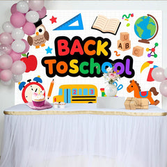 Lofaris Vibrant Back To School Backdrop with Cartoon Owl, Bus and Books, Educational Photo Background for Classroom Decor