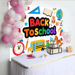 Lofaris Vibrant Back To School Backdrop with Cartoon Owl, Bus and Books, Educational Photo Background for Classroom Decor