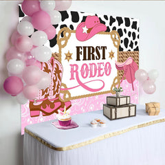 Lofaris Pink First Rodeo Birthday Backdrop with Cow Print and Cowboy Hat, Western Party Photography Background for Girls
