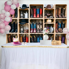 Lofaris Rustic Western Photography Backdrop with Cowboy Boots and Hats, Vintage Wood Shelf Background for Studio Photoshoot