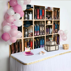 Lofaris Rustic Western Photography Backdrop with Cowboy Boots and Hats, Vintage Wood Shelf Background for Studio Photoshoot