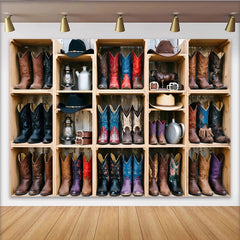 Lofaris Rustic Western Photography Backdrop with Cowboy Boots and Hats, Vintage Wood Shelf Background for Studio Photoshoot