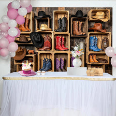 Lofaris Rustic Western Photography Backdrop with Cowboy Boots and Hats in Wooden Crates, Vintage Studio Background for Photo Booth Props