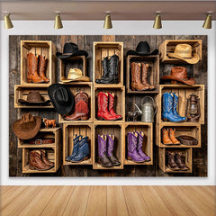 Lofaris Rustic Western Photography Backdrop with Cowboy Boots and Hats in Wooden Crates, Vintage Studio Background for Photo Booth Props