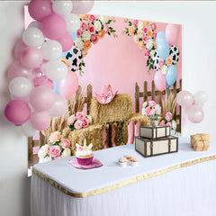 Lofaris Pink Cowgirl Birthday Backdrop with Balloons, Flowers and Hay Bales, Western Farm Photo Booth Background for Party Decor