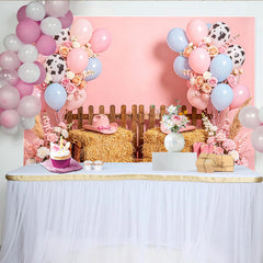 Lofaris Pink Cowgirl Birthday Backdrop with Balloons, Hay Bales and Cowboy Boots, Western Theme Photography Background for Party Decor