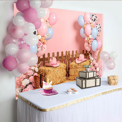 Lofaris Pink Cowgirl Birthday Backdrop with Balloons, Hay Bales and Cowboy Boots, Western Theme Photography Background for Party Decor