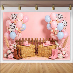 Lofaris Pink Cowgirl Birthday Backdrop with Balloons, Hay Bales and Cowboy Boots, Western Theme Photography Background for Party Decor