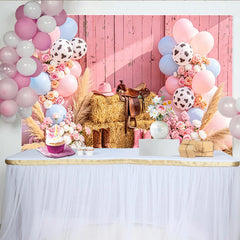 Lofaris Pink Cowgirl Baby Shower Backdrop with Blue Balloons and Hay Bales, Western Rodeo Photography Background for Gender Reveal Party