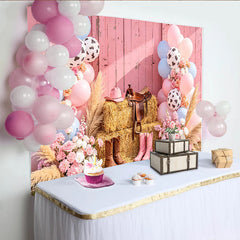 Lofaris Pink Cowgirl Baby Shower Backdrop with Blue Balloons and Hay Bales, Western Rodeo Photography Background for Gender Reveal Party