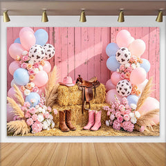 Lofaris Pink Cowgirl Baby Shower Backdrop with Blue Balloons and Hay Bales, Western Rodeo Photography Background for Gender Reveal Party