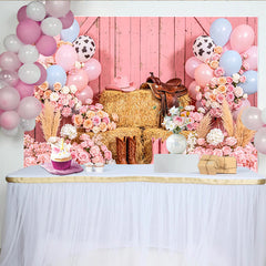 Lofaris Pink Cowgirl Birthday Backdrop with Balloons, Flowers and Hay Bales, Western Rodeo Party Decor for Girls Photoshoot