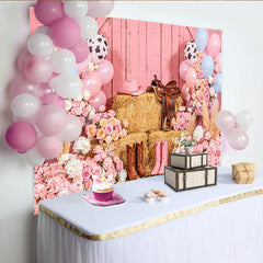 Lofaris Pink Cowgirl Birthday Backdrop with Balloons, Flowers and Hay Bales, Western Rodeo Party Decor for Girls Photoshoot