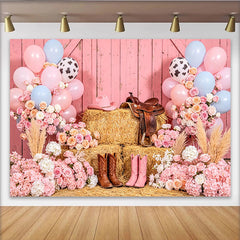 Lofaris Pink Cowgirl Birthday Backdrop with Balloons, Flowers and Hay Bales, Western Rodeo Party Decor for Girls Photoshoot