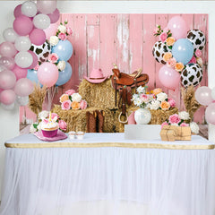 Lofaris Pink Western Cowgirl Birthday Backdrop with Hay Bales and Balloons, Chic Ranch Photo Background for Girls Party Decoration