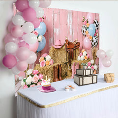 Lofaris Pink Western Cowgirl Birthday Backdrop with Hay Bales and Balloons, Chic Ranch Photo Background for Girls Party Decoration