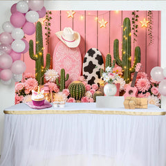 Lofaris Pink Western Photography Backdrop with Cowboy Hat, Boots and Cacti, Floral Cow Print for Girl's Party Photoshoot Decor