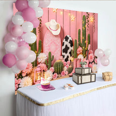 Lofaris Pink Western Photography Backdrop with Cowboy Hat, Boots and Cacti, Floral Cow Print for Girl's Party Photoshoot Decor