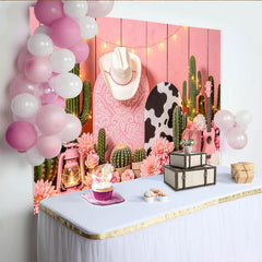 Lofaris Pink Western Cowgirl Photography Backdrop with Cactus, Boots and Hat, Rustic Wood Background for Studio Photoshoot and Party Decor