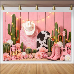 Lofaris Pink Western Cowgirl Photography Backdrop with Cactus, Boots and Hat, Rustic Wood Background for Studio Photoshoot and Party Decor
