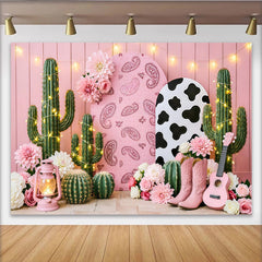 Lofaris Pink Cowgirl Birthday Backdrop with Cactus, Boots and Paisley Arch, Cute Western Party Decor for Girls Photoshoot
