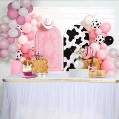 Lofaris Pink Cowgirl Birthday Backdrop with Balloons and Cow Print Arches, Western Themed Photo Background for Girls Party Decoration
