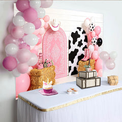 Lofaris Pink Cowgirl Birthday Backdrop with Balloons and Cow Print Arches, Western Themed Photo Background for Girls Party Decoration