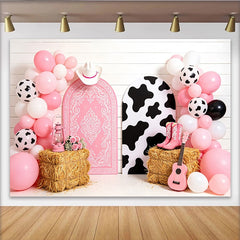 Lofaris Pink Cowgirl Birthday Backdrop with Balloons and Cow Print Arches, Western Themed Photo Background for Girls Party Decoration